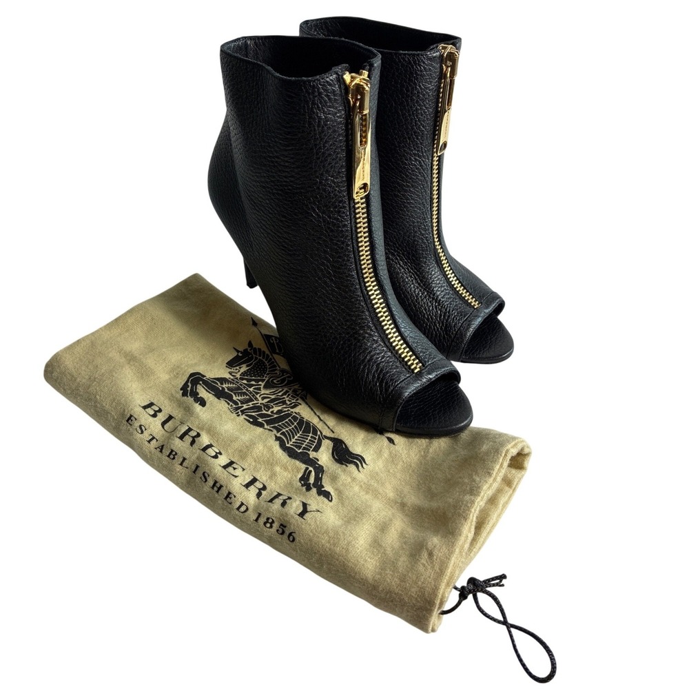 Burberry Black Pebbled Leather Open Toe Front Zip Ankle Booties Gold Hardware 37